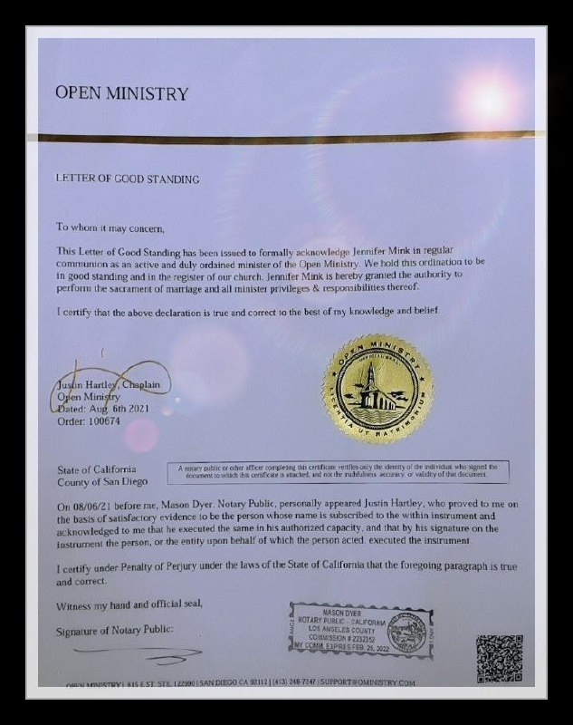Open Ministry Ordination Certificate